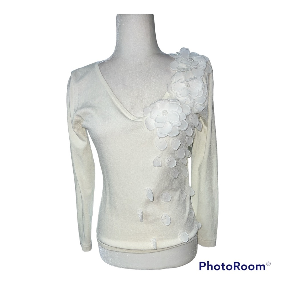M. Nicole Evening Off White Floral Appliqué Embellished Long Sleeve Top Sz S